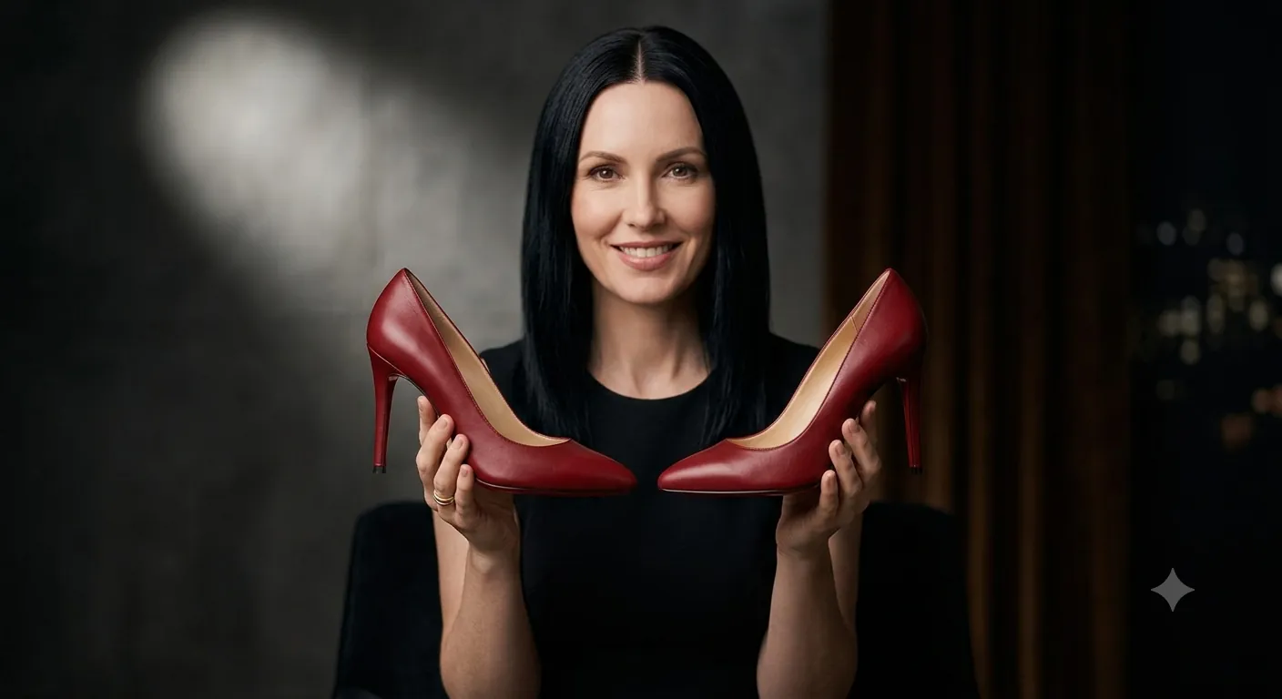 Frau präsentiert rote High Heels mit Stiletto-Absatz