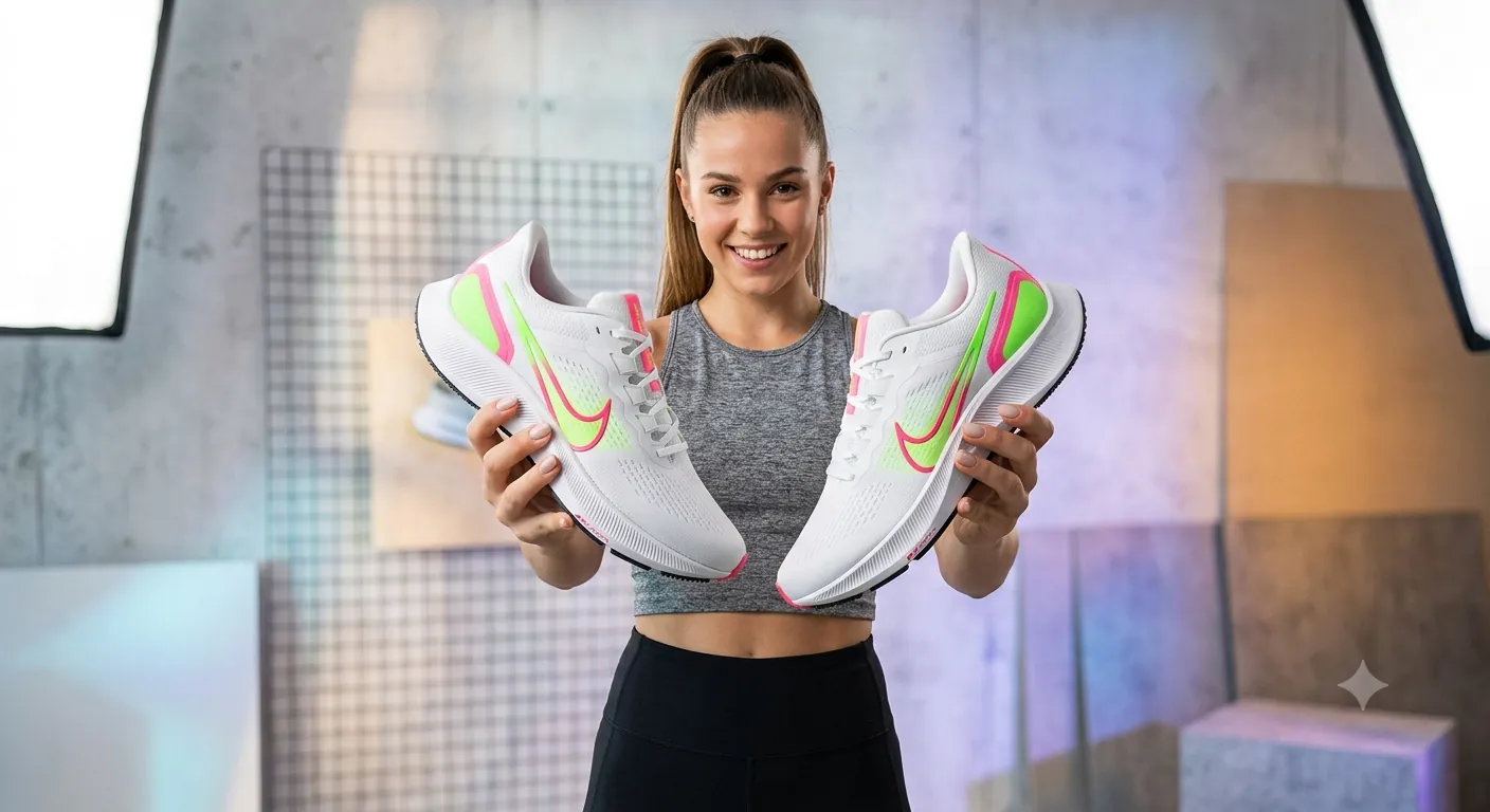 Frau präsentiert weiße Turnschuhe mit pink-grünem Akzent
